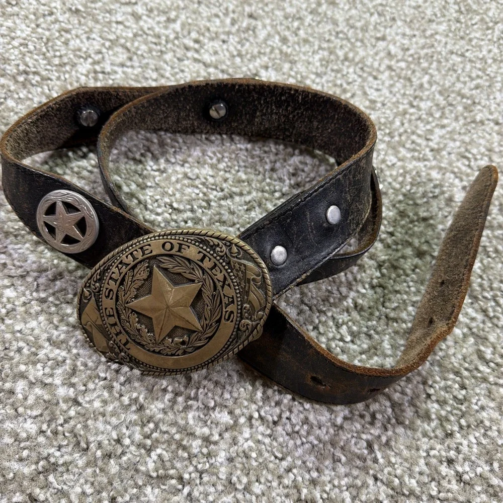 Vtg Tony Lama Brass Belt With Texas Buckle Full Grain Cowhide Sz 36 State Series